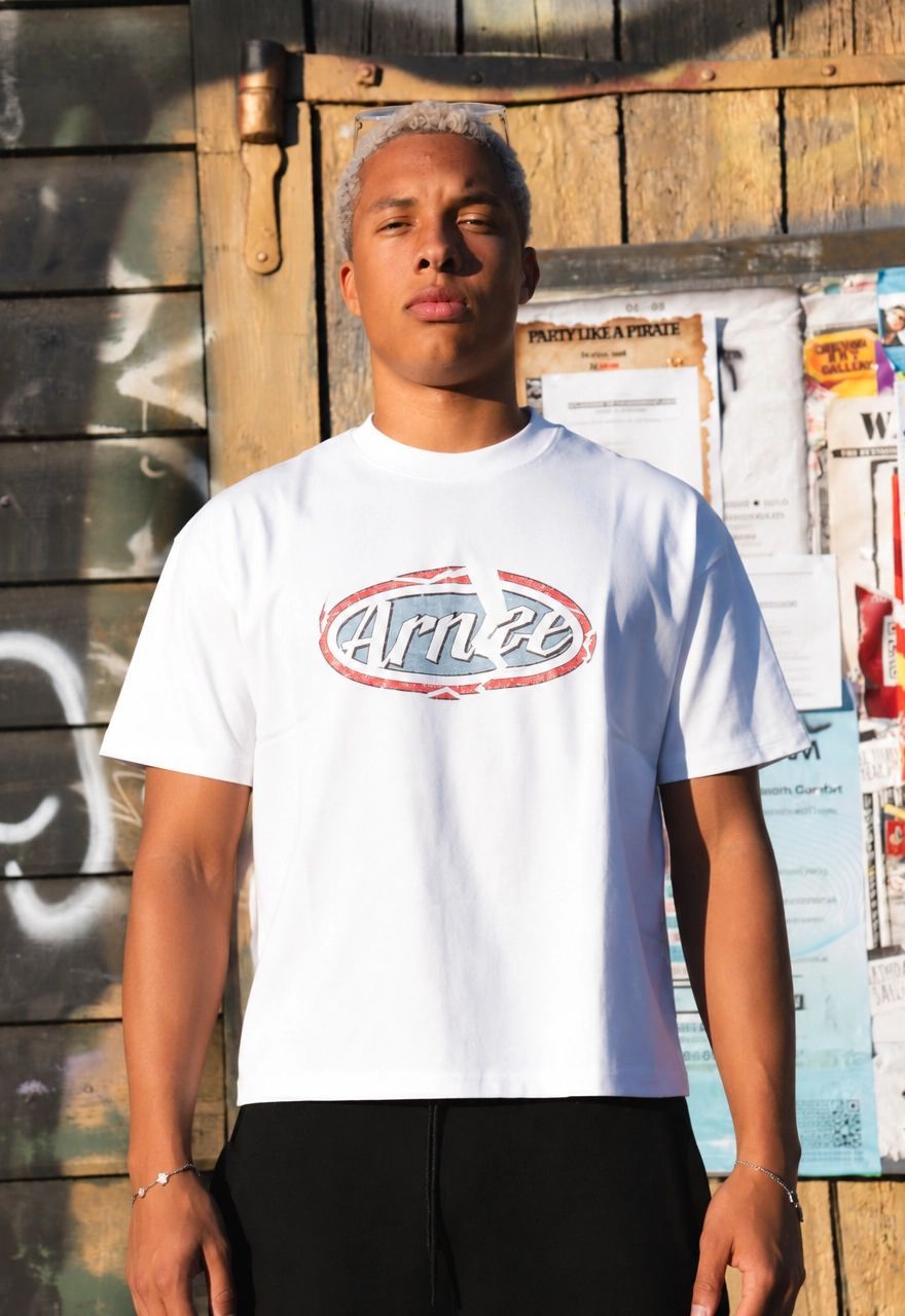 The ARNZE Drop 01 tee worn front-on, its oval script logo across the chest, against a graffitied wall